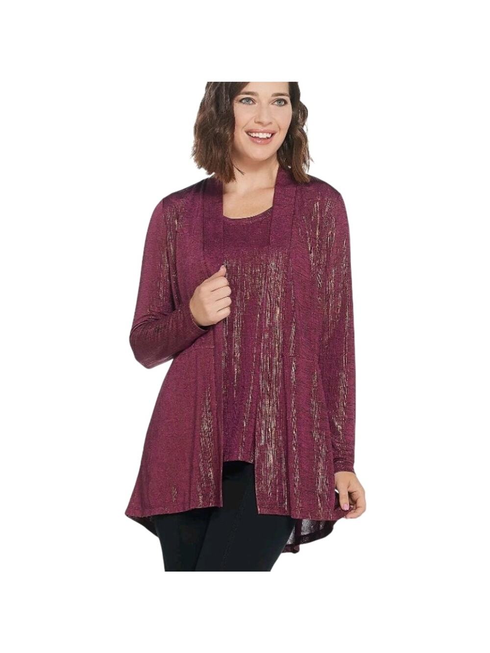 Susan Graver Maroon Gold Shimmer Cardigan Tank Set M Lagenlook Cocktail Occasion